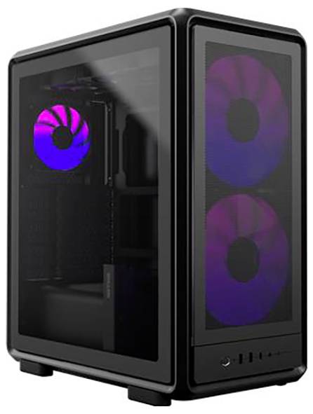 Ein schwarzes Computergehäuse mit transparenten Seitenfenstern gibt den Blick auf zwei violett beleuchtete Lüfter im Inneren frei.