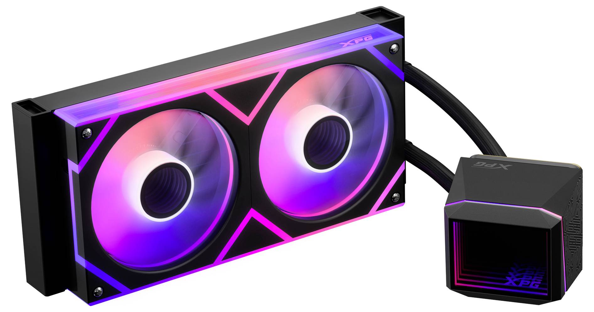 Ein Flüssigkühlsystem mit zwei Lüftern und RGB-Beleuchtung, ausgestattet mit einem rechteckigen Kühler und einer würfelförmigen Pumpe, die durch Schläuche miteinander verbunden sind.