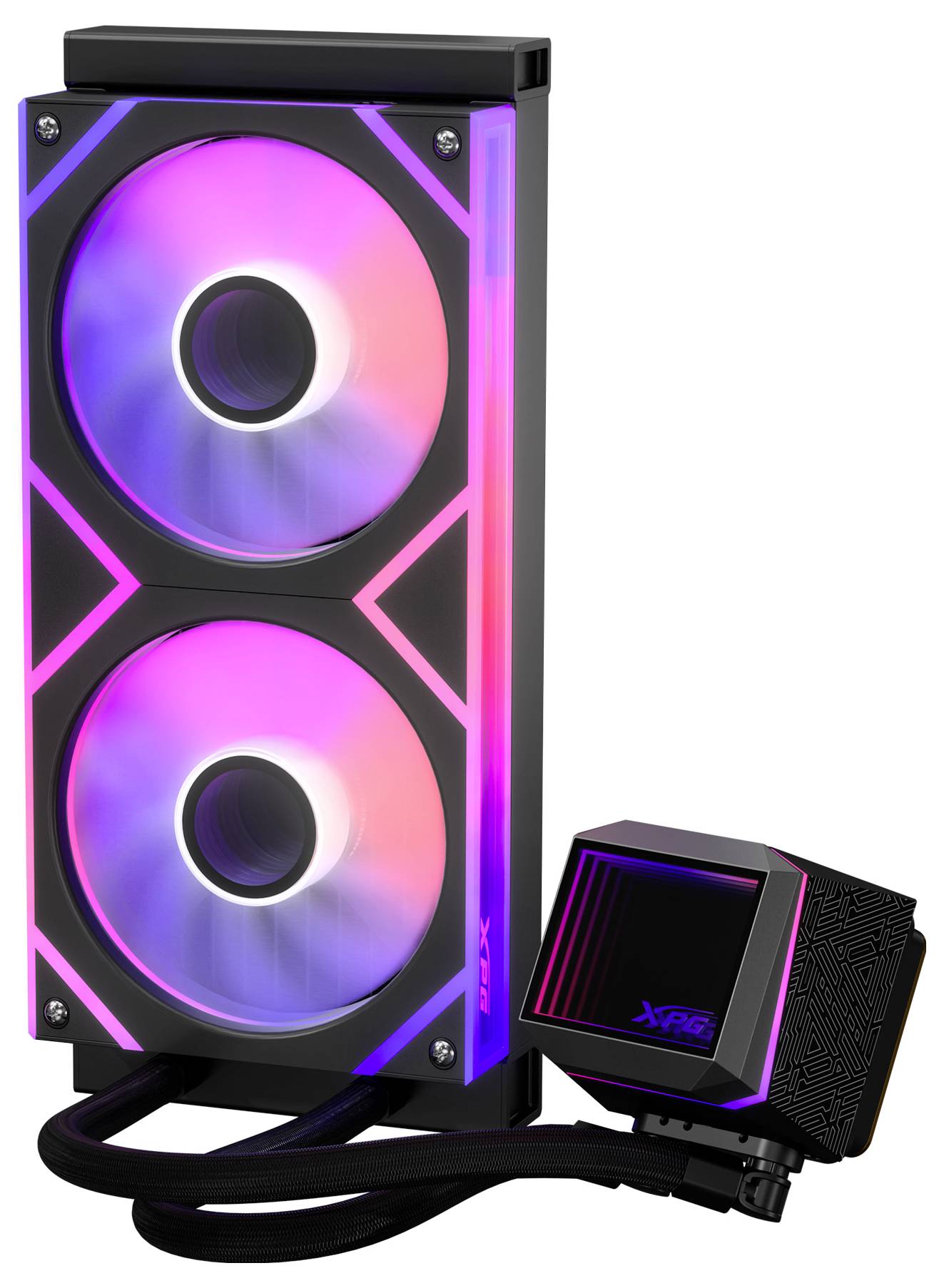 Ein Kühlsystem mit zwei Lüftern für die CPU mit Flüssigkeitskühlung und RGB-Beleuchtung, das eine XPG-Logos auf der Pumpeneinheit trägt.