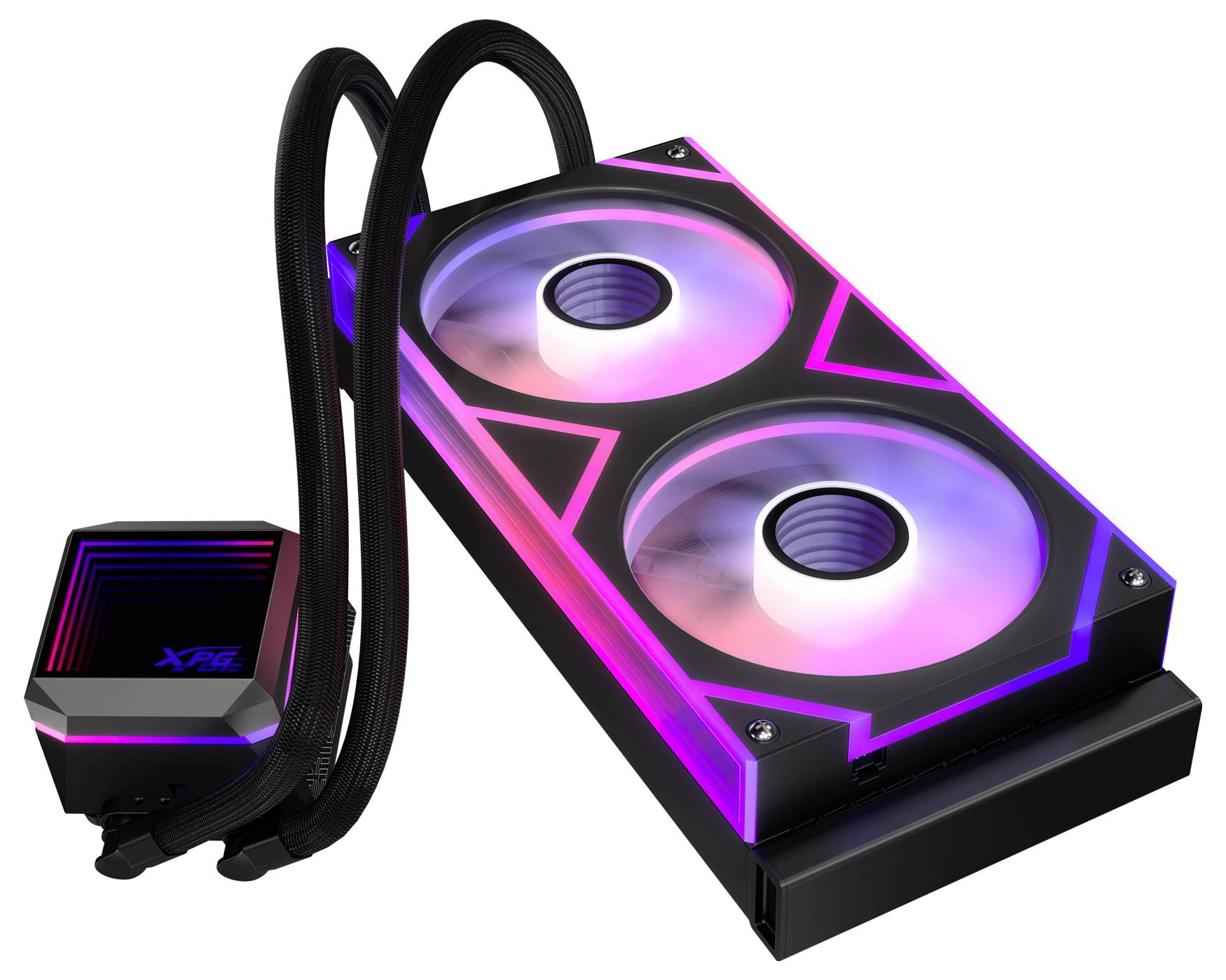 Ein Dual-Lüfter-Flüssigkeitskühler mit RGB-Beleuchtung. Die Markierung auf dem Pumpenblock trägt den Schriftzug 'XPG'. Das Design weist ein Farbschema in Schwarz und Lila auf.