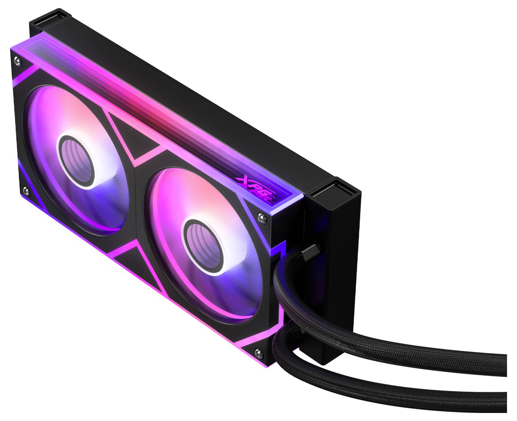 Ein Computer-Kühlsystem mit Flüssigkeitskühlung und Doppellüfter, ausgestattet mit rosa und blauen LED-Beleuchtungen, das zwei kreisförmige Lüfter in einem rechteckigen Gehäuse umfasst.