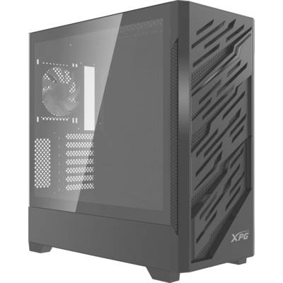 Ein schwarzes XPG-Computergehäuse mit einer transparenten Seitenscheibe gibt Einblicke in die Innenkomponenten. Die Frontseite weist ein geometrisches, kantenreiches Design für die Belüftung auf.