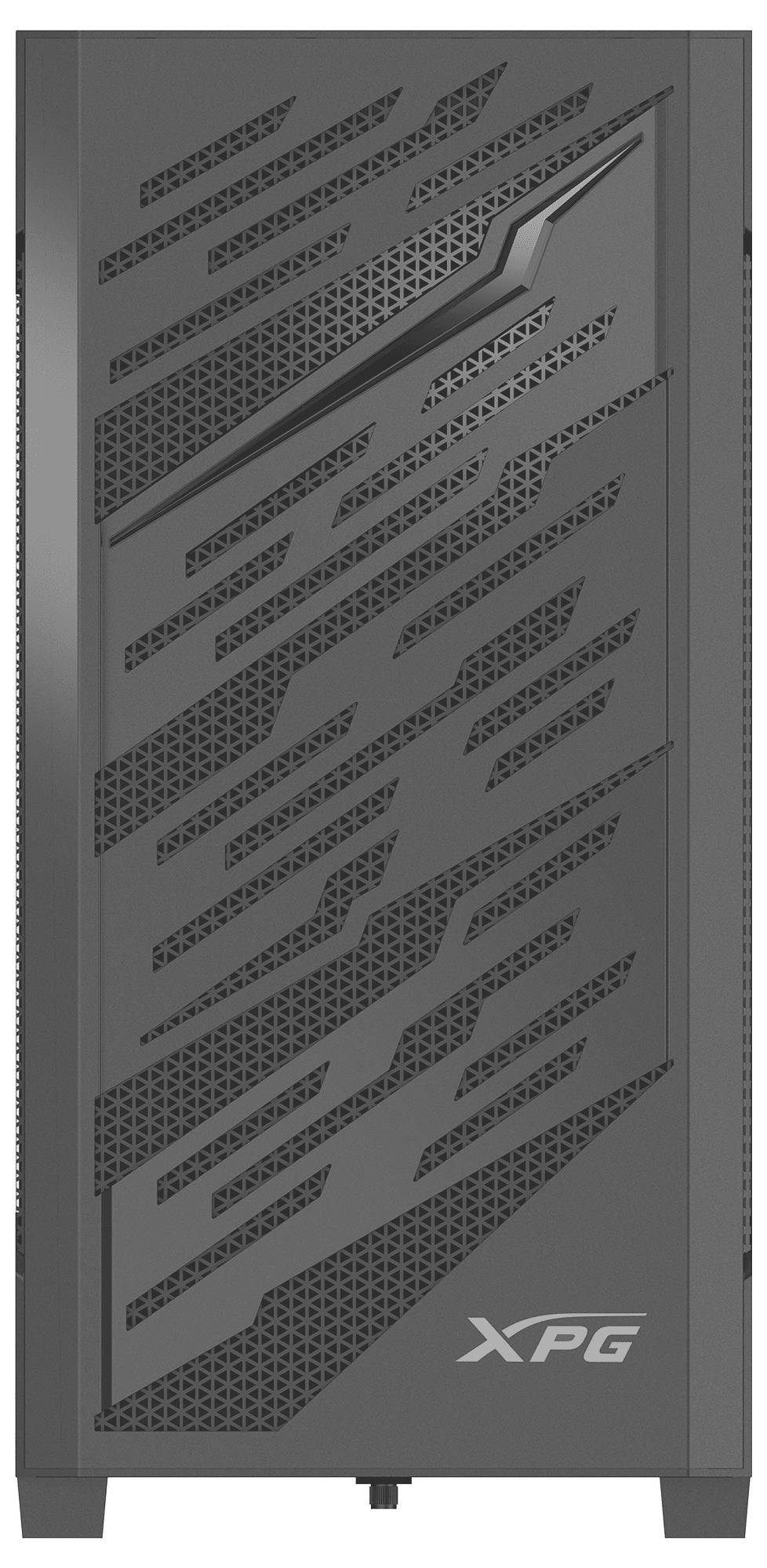 Ein schwarzes Computer-Tower-Gehäuse mit diagonalen Lüftungsmustern auf der Frontplatte, mit dem 'XPG' Logo am unteren Rand.