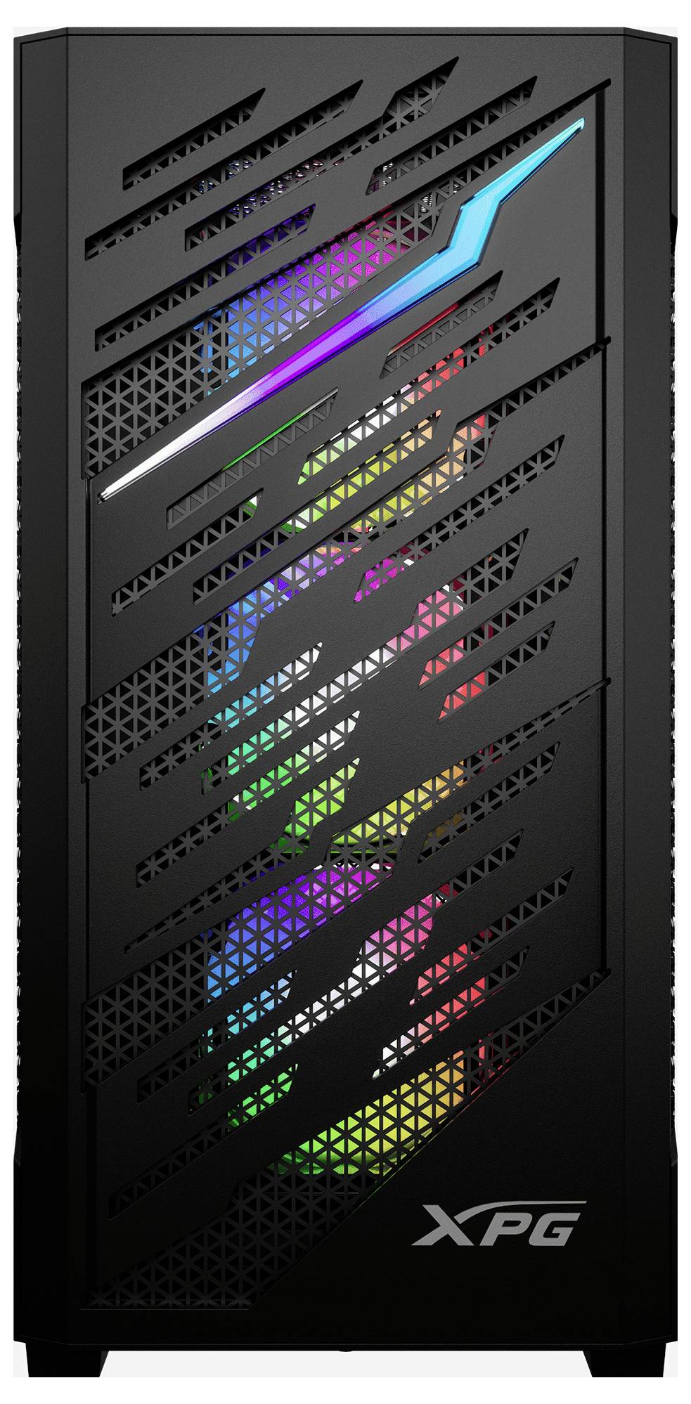 Ein schwarzer Computer-Tower mit RGB-Beleuchtung, die durch diagonale Lüftungsschlitze an der Vorderseite sichtbar ist. Das XPG-Logo ist am unteren Rand platziert.