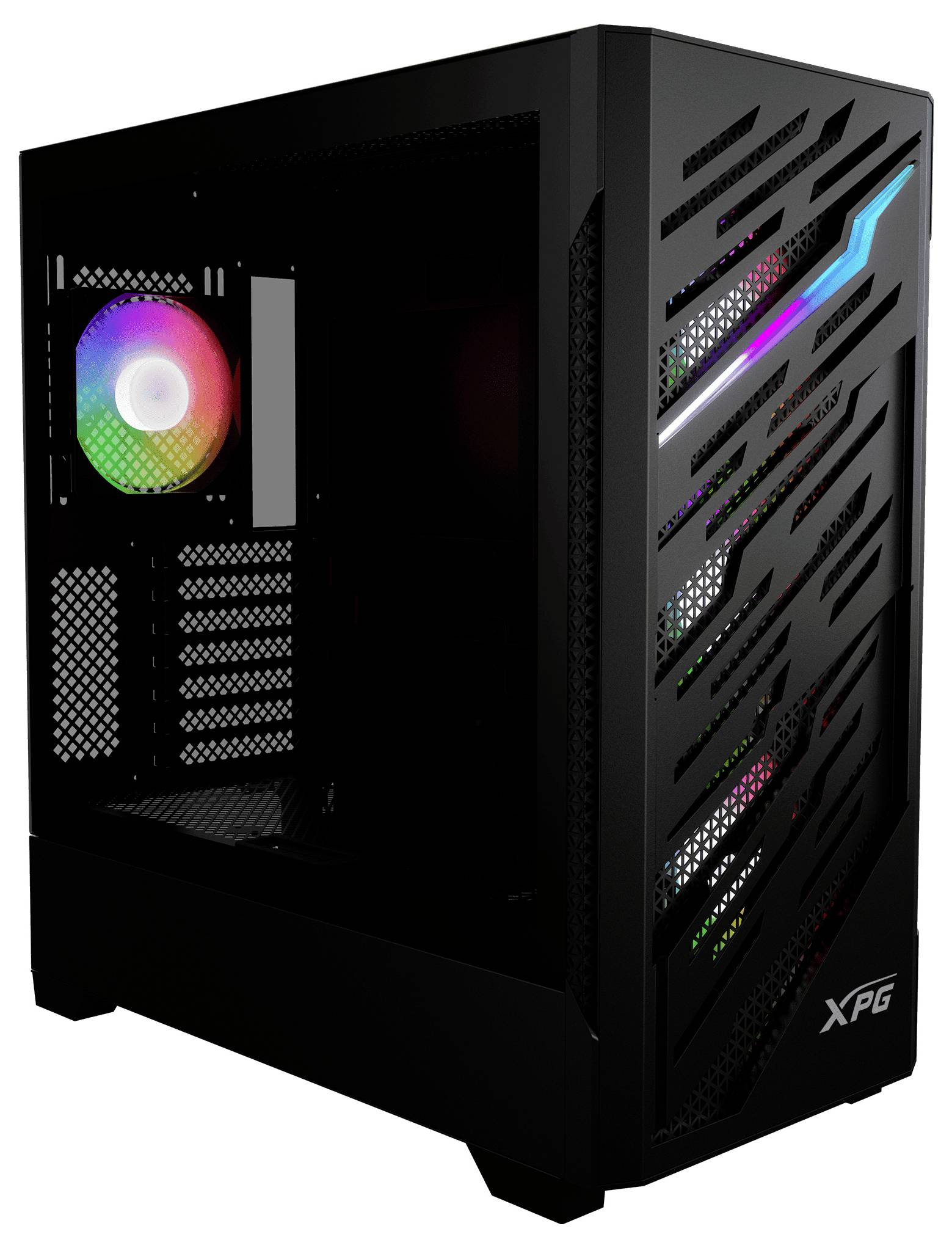 Ein schwarzes Computergehäuse mit RGB-Beleuchtung, das eine Frontplatte mit diagonalen Lüftungsschlitzen und einen sichtbaren Innenventilator mit bunten LED-Lichtern aufweist.