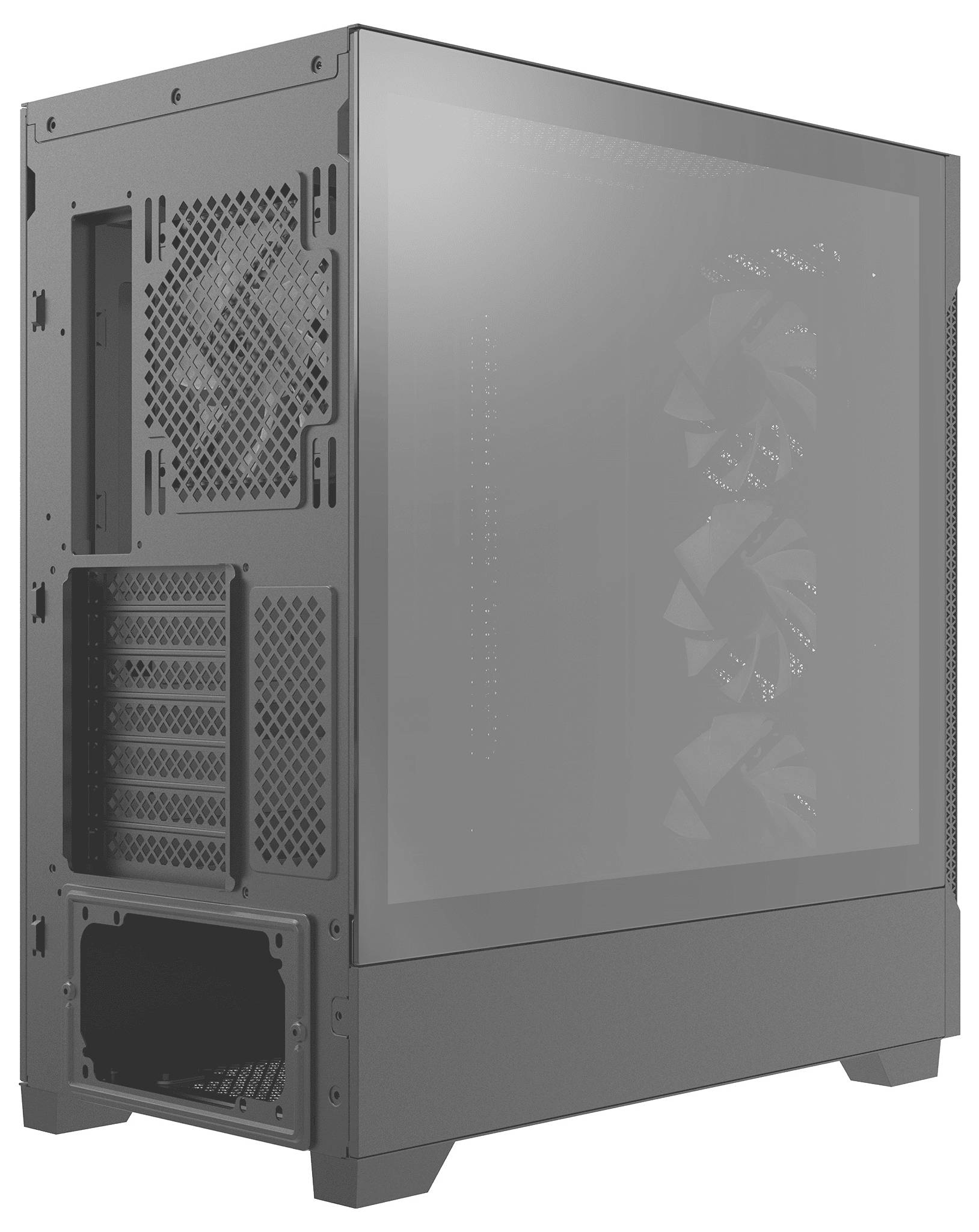 Ein schwarzes Computergehäuse mit einer transparenten Seitenscheibe, die die internen Kühlventilatoren sichtbar macht.