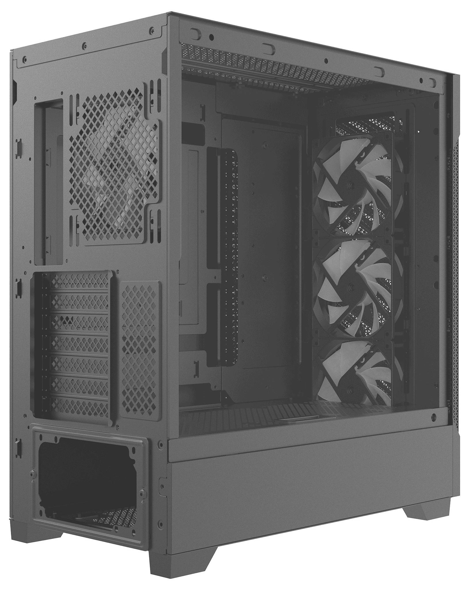 Ein dunkelgrauer Computergehäuse mit einer transparenten Seitenscheibe, die mehrere Kühlventilatoren zeigt. Das Gehäuse ist leer und hebt die Innenausstattungsmerkmale hervor.