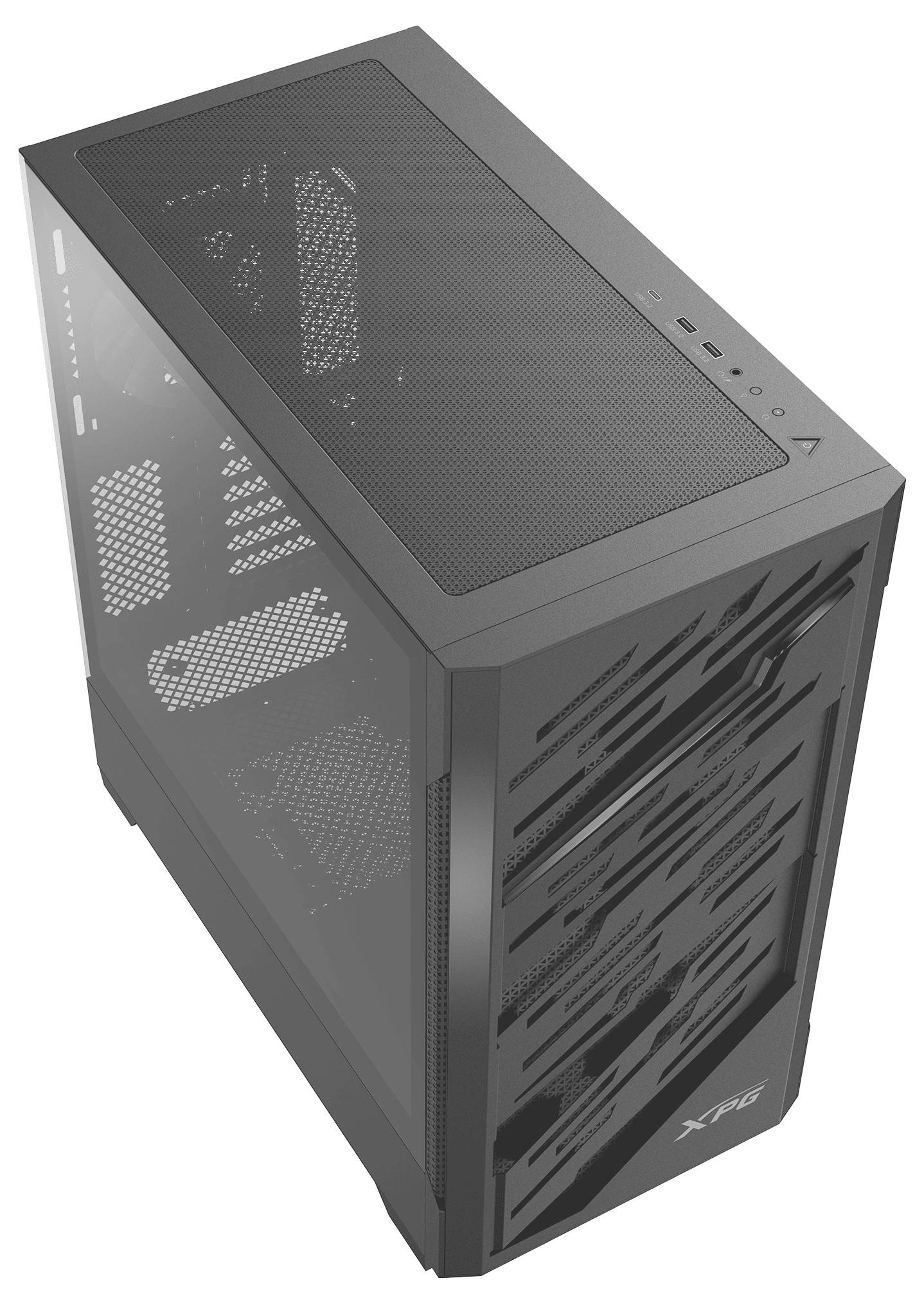 Ein schwarzes Computer-Tower-Gehäuse mit einer Meshfront und Seitenpanel, das die Sichtbarkeit des Innenraums und die Kühlungsfunktionalität präsentiert.