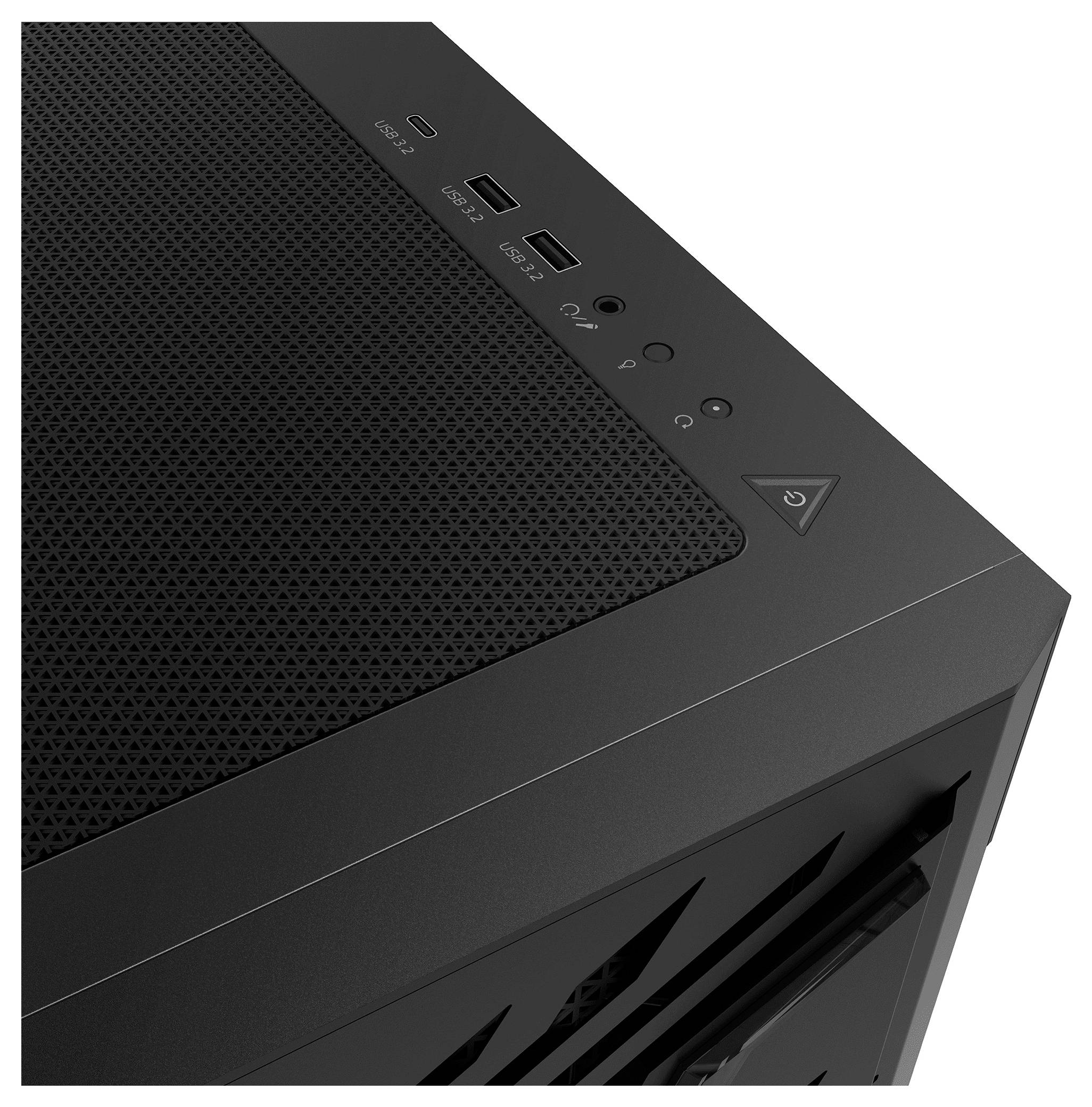 Draufsicht von oben auf ein schwarzes Computergehäuse mit USB- und Audioports, Lüftungsmesh oben und einem dreieckigen Einschaltknopf.