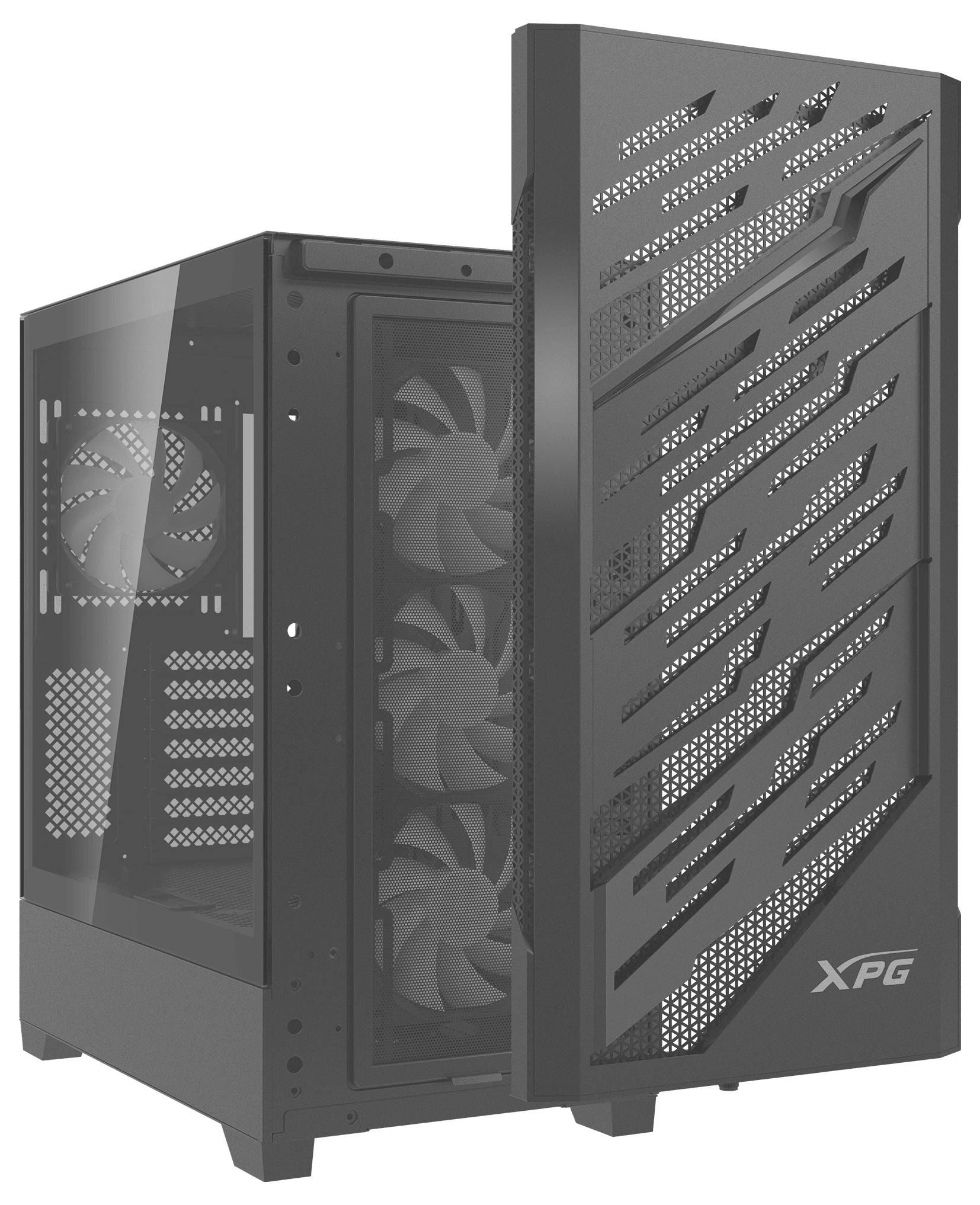 Ein schwarzer Computer-Tower mit mehreren Kühlventilatoren und einem Frontpanel aus Gitter zur Belüftung, auf dem das 'XPG' Logo angebracht ist.