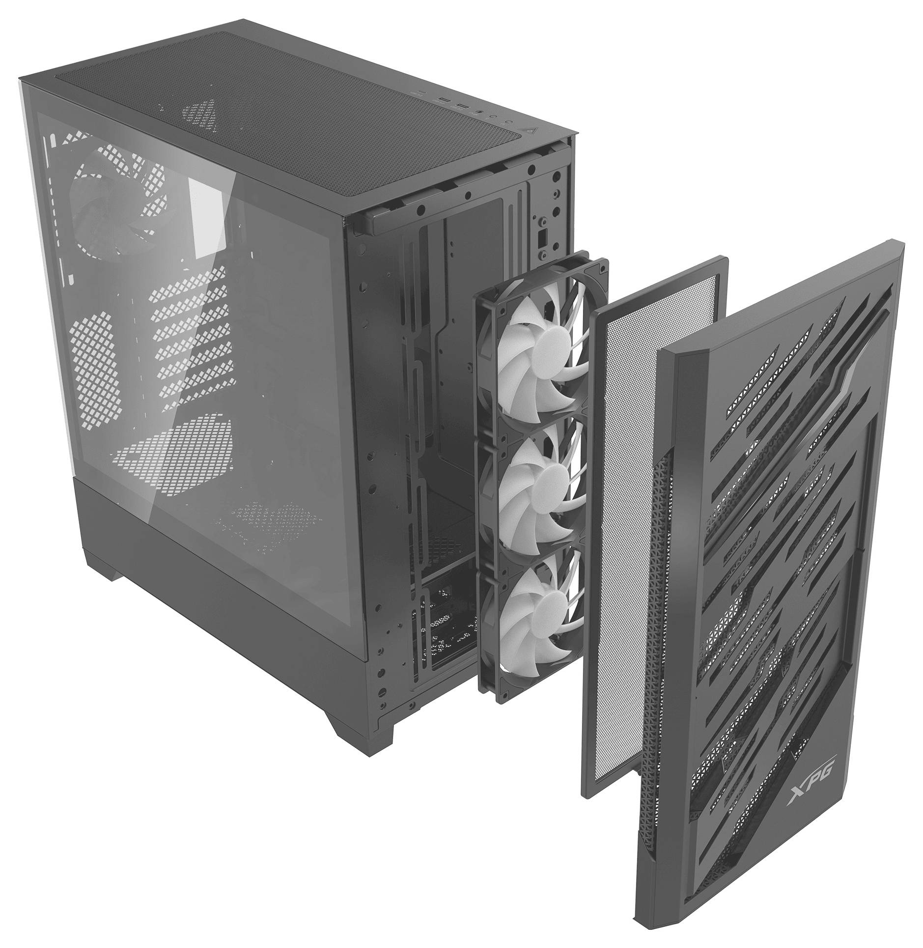 Computergehäuse in Explosionszeichnung mit Seitenpaneel aus Hartglas, drei vorderen Kühlventilatoren und strukturiertem Frontplattendesign.