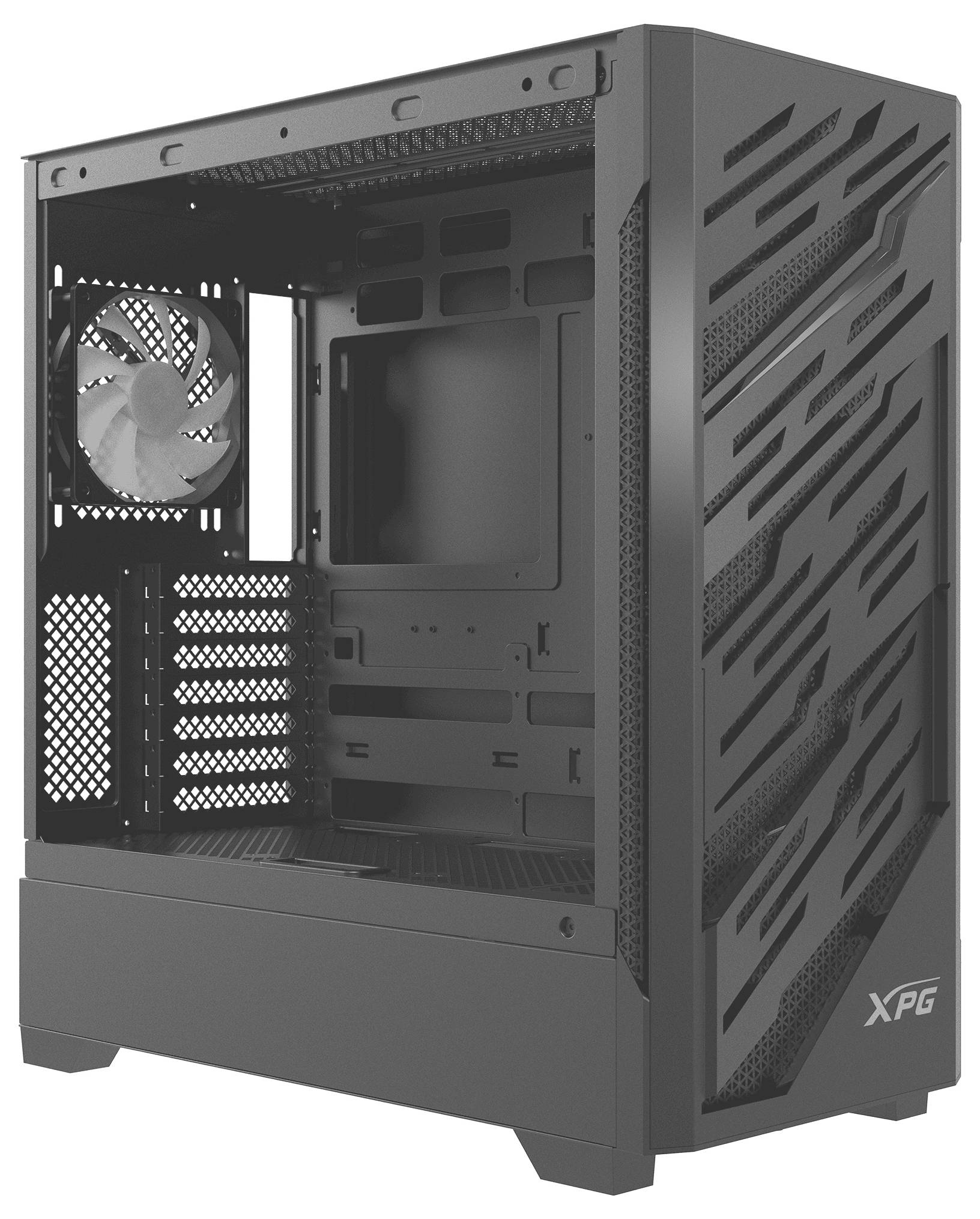 Schwarzes XPG-Computergehäuse mit geometrischem Frontpaneldesign, Innenraum sichtbar mit Heckventilator und Platz für Komponenten.