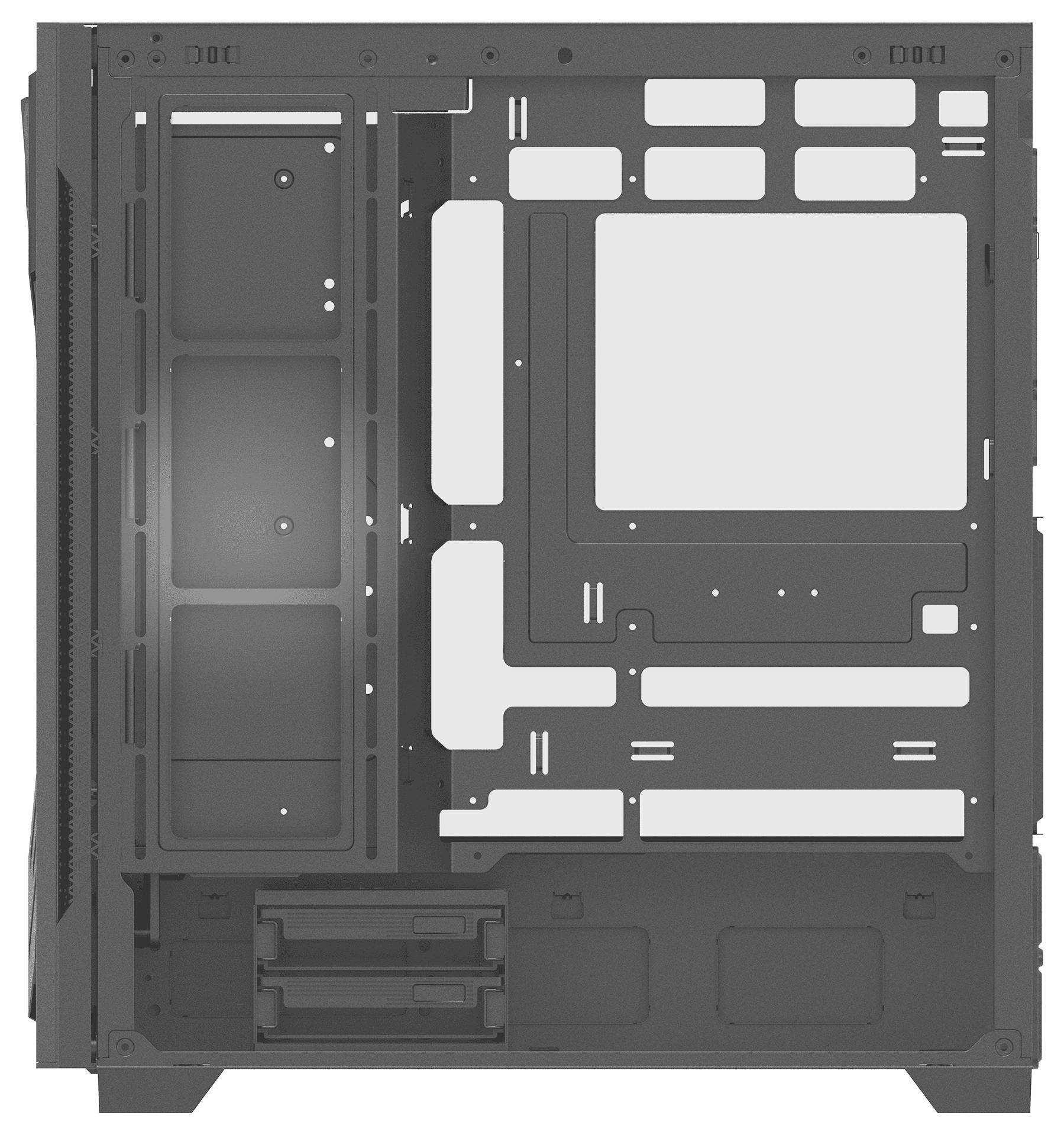Eine vertikale Ansicht des Innenraums eines leeren Computergehäuses, die Steckplätze für Laufwerke, Befestigungspunkte für das Mainboard und Kabelführungswege zeigt.