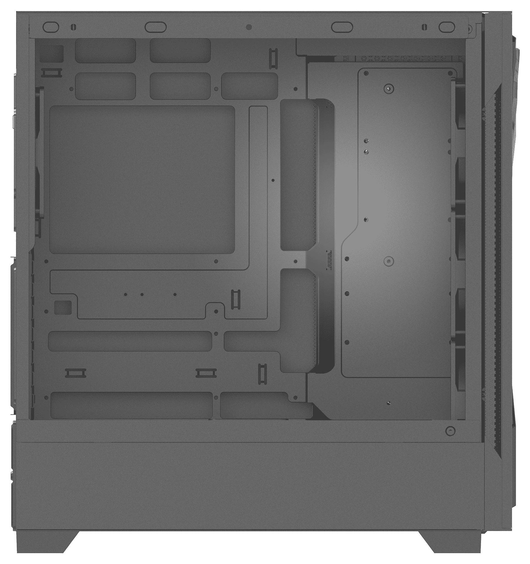 Das Bild zeigt das Innere eines Computergehäuses und hebt den leeren Raum hervor, der für die Montage von Komponenten wie dem Mainboard vorgesehen ist.
