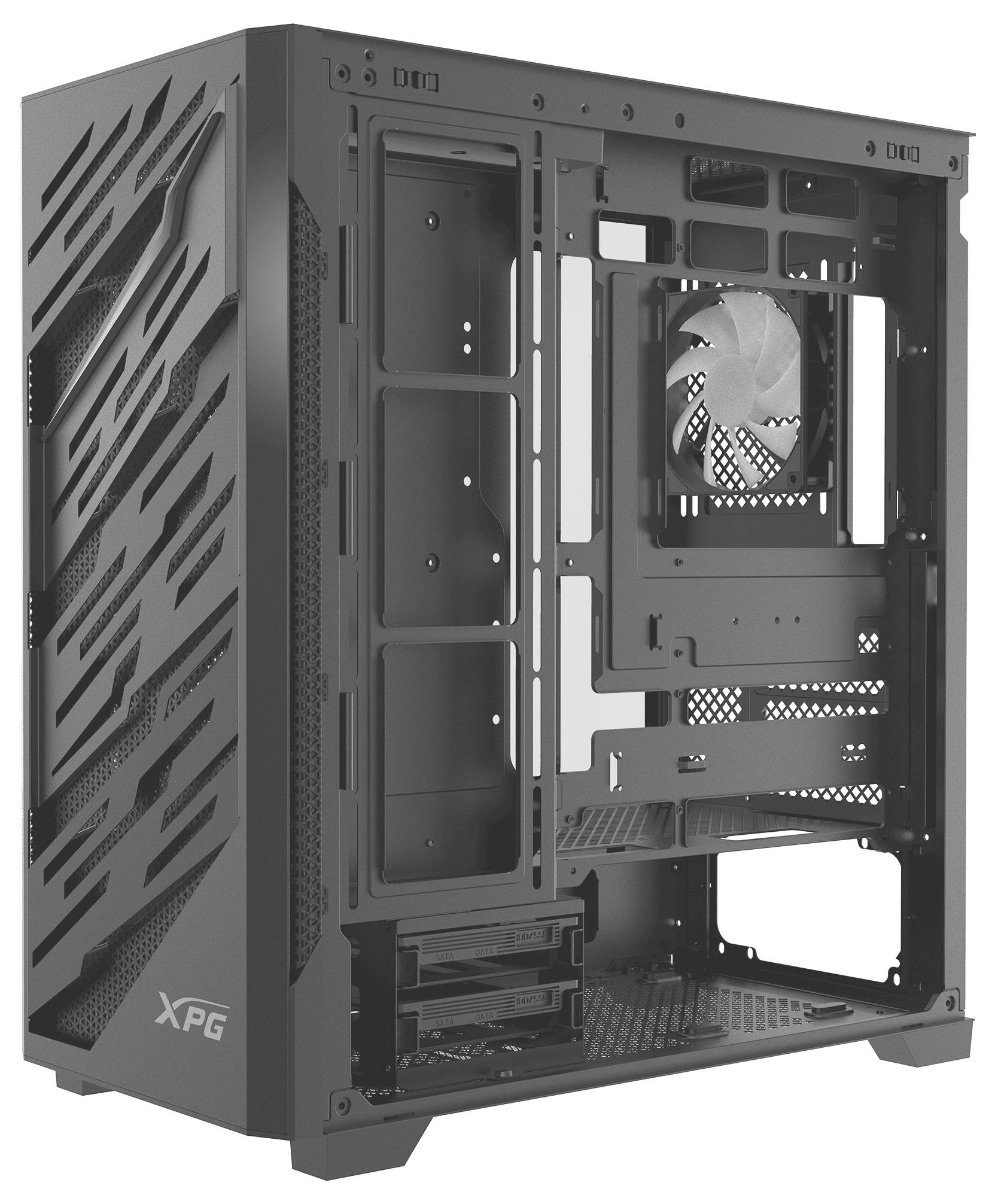 Ein schwarzes Computer-Tower-Gehäuse mit einer offenen Seitenklappe, das Steckplätze für Komponenten zeigt und unten mit 'XPG' beschriftet ist.