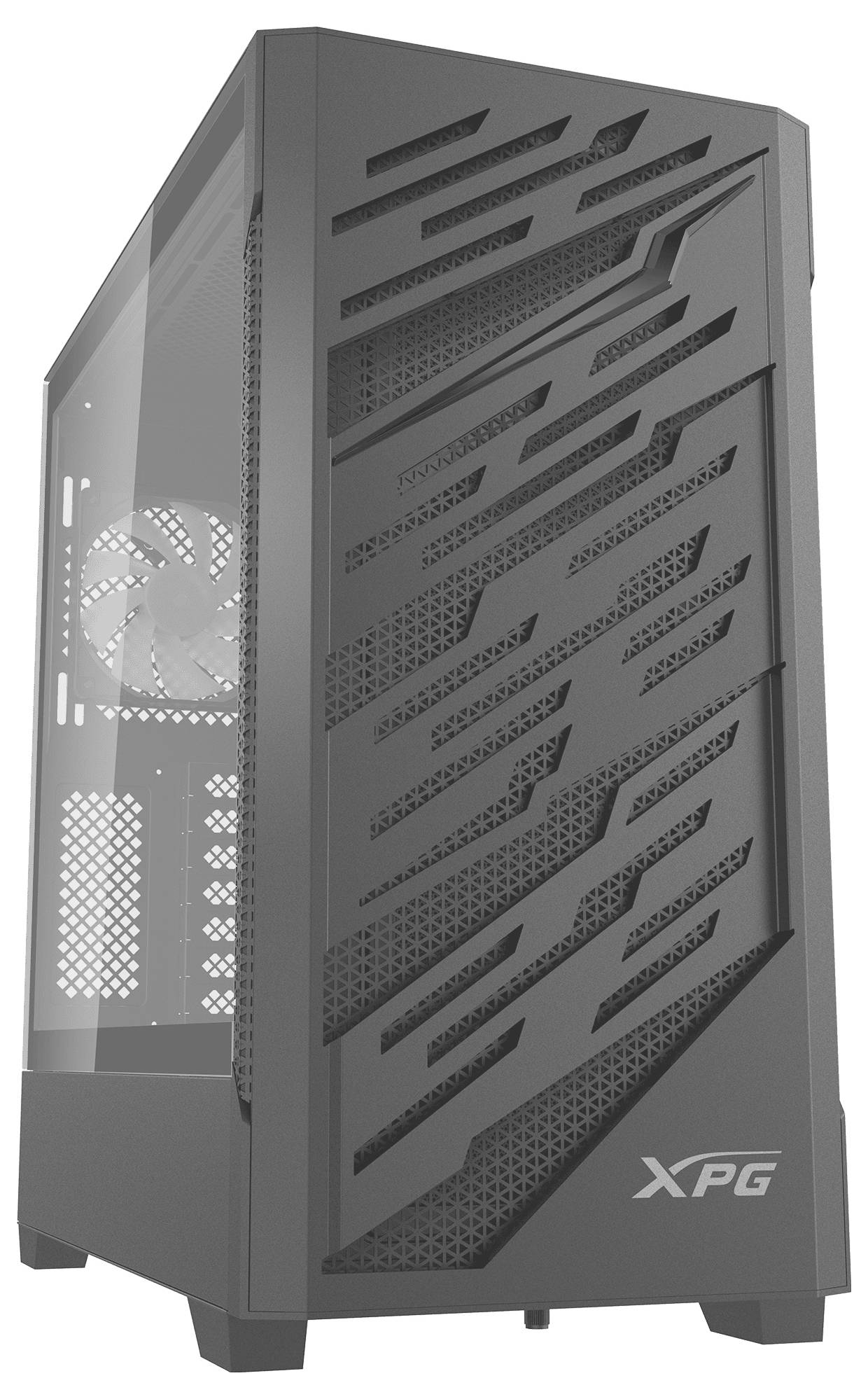 Ein schwarzer XPG-Computertower verfügt über geneigte Lüftungsmuster an der Frontseite und eine transparente Seitenwand, die den internen Lüfter und die Komponenten sichtbar macht.