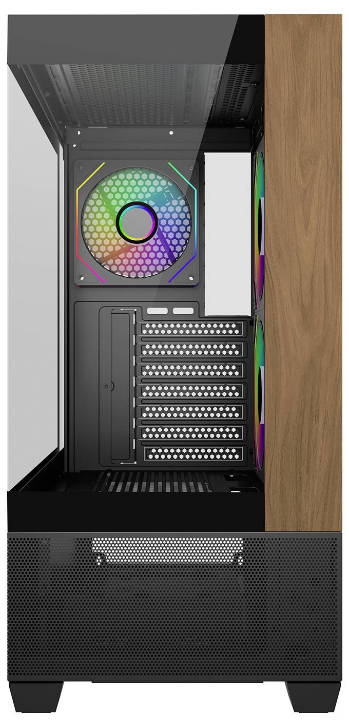 Computergehäuse mit transparentem Seitenpanel, das den Innenraum für Komponenten zeigt. Ein mehrfarbiger LED-Lüfter ist an der Rückseite montiert.