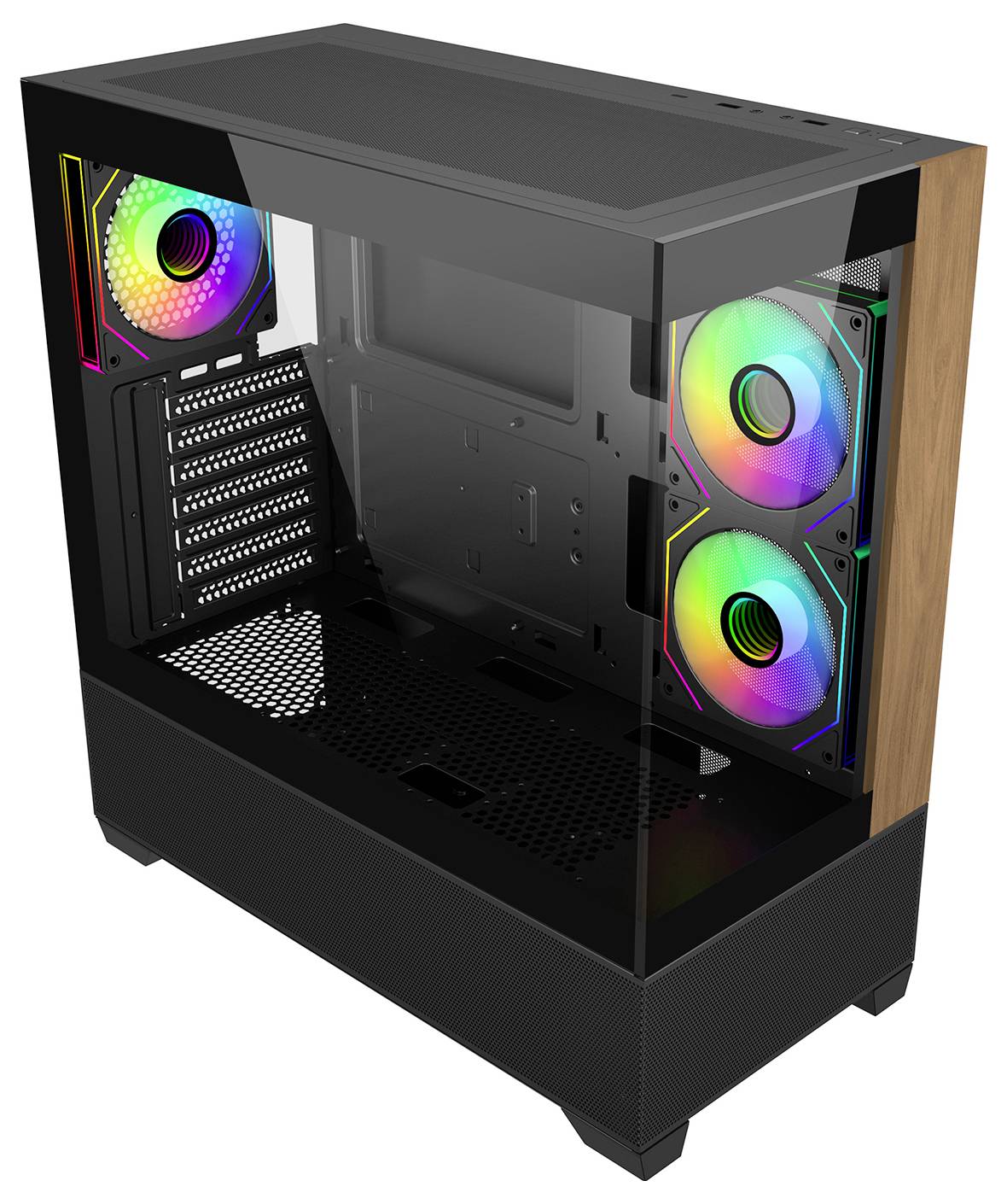Ein Gaming-Computergehäuse mit transparentem Seitenfenster präsentiert farbenfrohe RGB-Lüfter an der Rück- und Vorderseite sowie einen Holzakzent an der Seite.