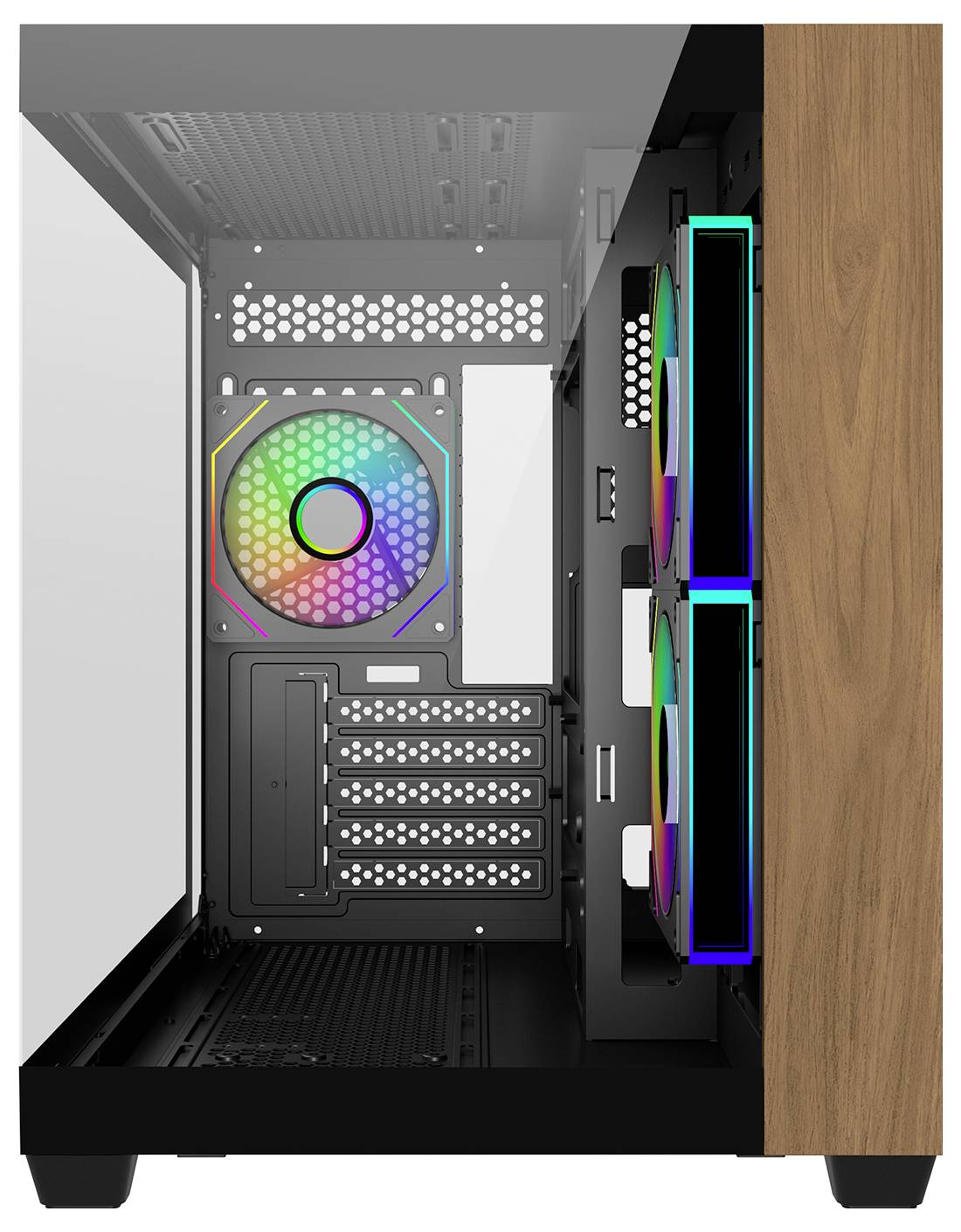 Computergehäuse-Innenansicht mit RGB-beleuchtetem Lüfter und zwei beleuchteten Seitenlüftern auf der rechten Seite, Holzpaneel an der Außenfront.