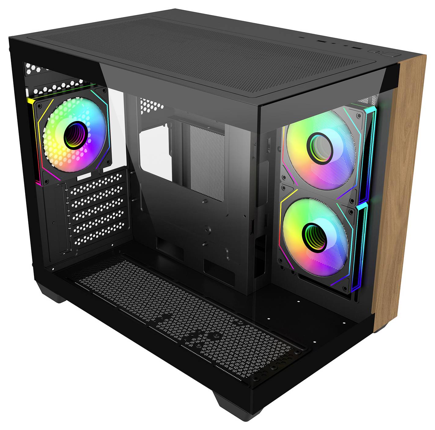 Ein schwarzes Computergehäuse mit Seitenpanel aus gehärtetem Glas zeigt drei RGB-Lüfter in leuchtenden Farben. Das Innere ist leer und bereit für den Aufbau.