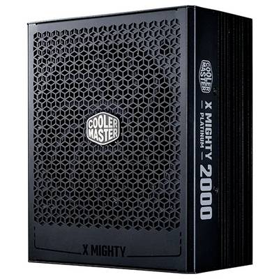 Cooler Master Netzteil mit der Bezeichnung 'X Mighty 2000 Platinum'; ausgestattet mit einem sechseckigen Lüftungsdesign und dem Cooler Master Logo an der Seite.