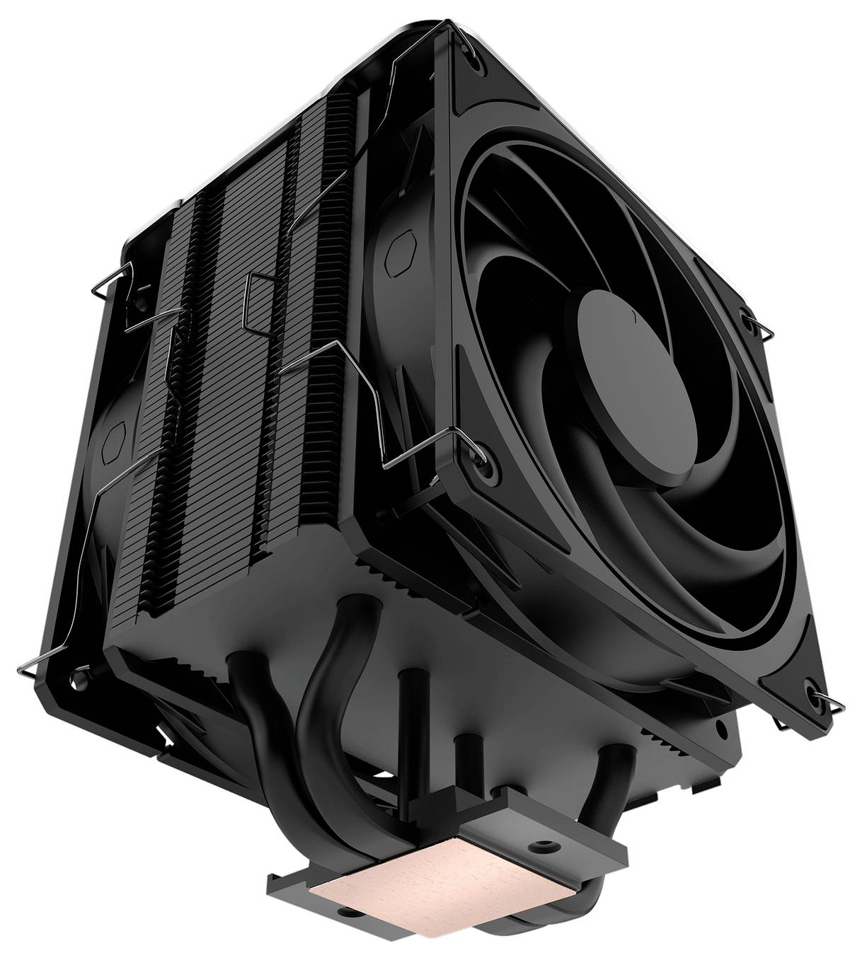 Ein schwarzer Computer-CPU-Kühler mit einem großen Lüfter und Kühlkörper, entwickelt zur Wärmeableitung für optimale Prozessorleistung.