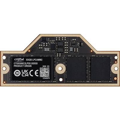 Eine Leiterplatte mit elektronischen Komponenten und einem Etikett mit der Aufschrift „X1GB LPCAMM2, CTXXG00C2LP5X.X0X0, Produktherkunft" und einem QR-Code.