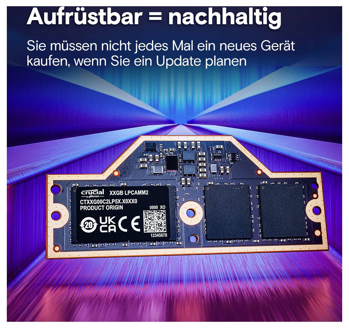 Eine Produktwerbung, die Nachhaltigkeit durch aufrüstbare Technologiefunktionen bewirbt, zeigt eine elektronische Komponente vor einem lebhaften Hintergrund.