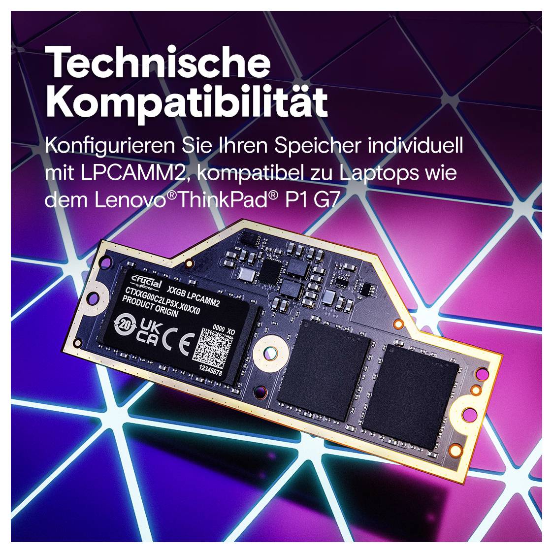 Eine Leiterplatte mit dem Text 'Technische Kompatibilität' und einer Beschreibung auf Deutsch zur Konfiguration von Speicher, der mit Lenovo ThinkPad kompatibel ist.