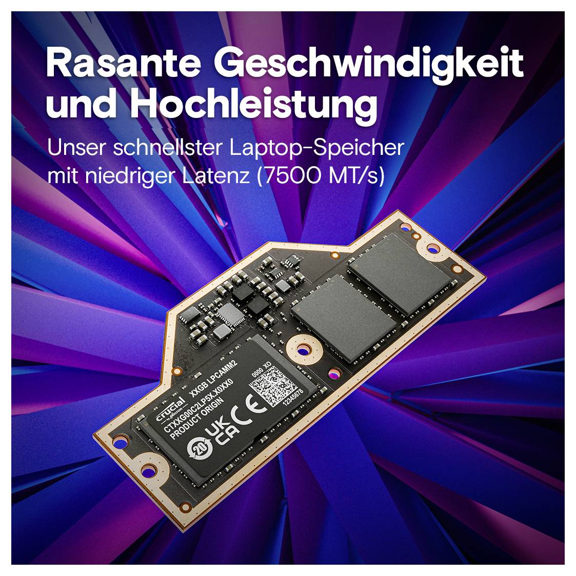 Eine Nahaufnahme eines DIMM-Speichermoduls vor einem dynamischen, farbenfrohen Hintergrund. Text auf Deutsch hebt Geschwindigkeit und geringe Latenz (7500 MT/s) hervor.