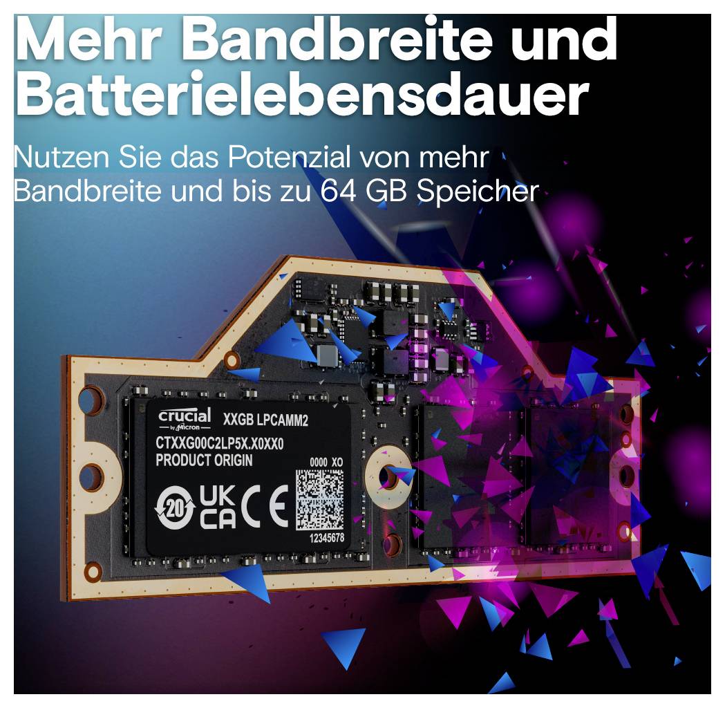 Ein Computerspeichermodul wird abgebildet mit Text, der erhöhte Bandbreite und Batterielaufzeit sowie Unterstützung für bis zu 64 GB Speicher hervorhebt.