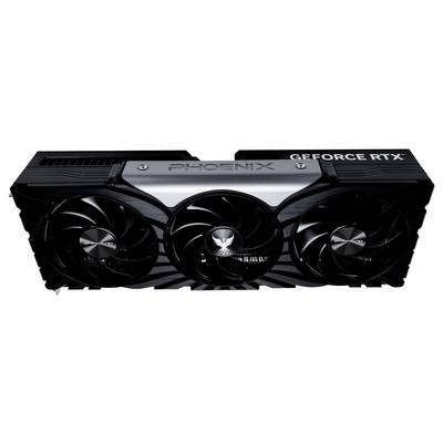 Eine schwarze Grafikkarte mit drei Kühlventilatoren, auf der oben "PHOENIX" und "GEFORCE RTX" markiert sind, was auf ein leistungsstarkes GPU-Modell hinweist.