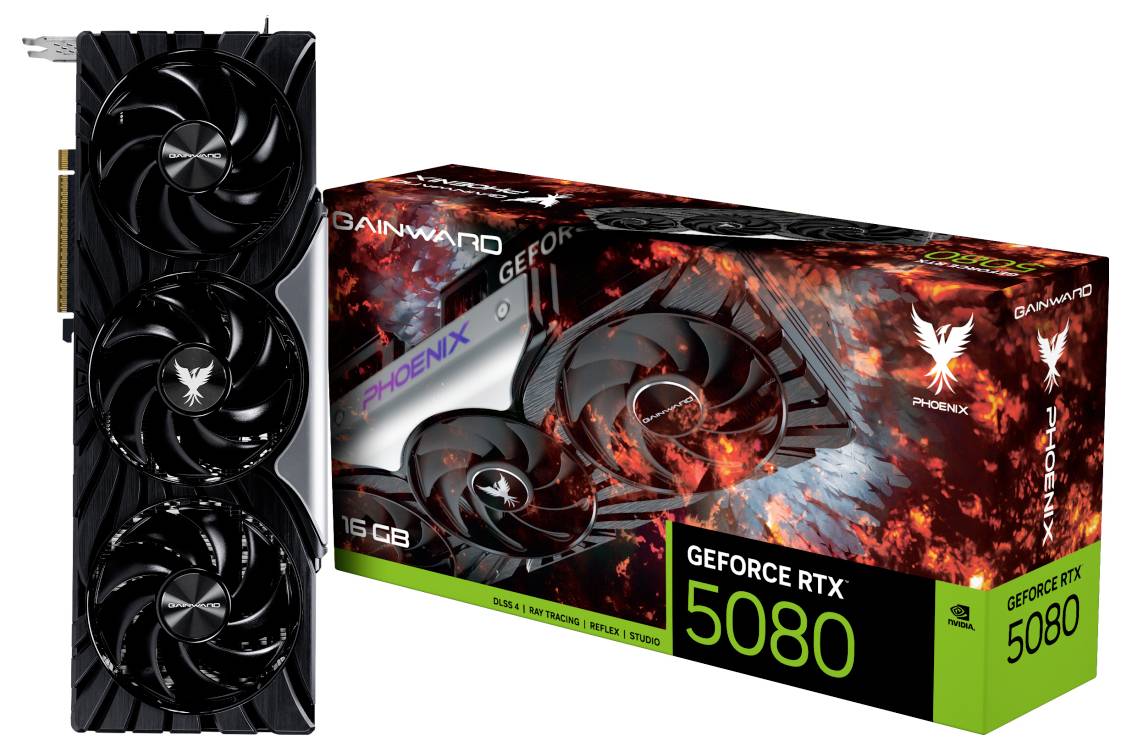 Grafikkarte und Verpackung von Gainward GeForce RTX 5080, Phoenix-Modell mit drei Kühlventilatoren, 16 GB Arbeitsspeicher, lebendige Markenbeschriftung auf der Verpackung.