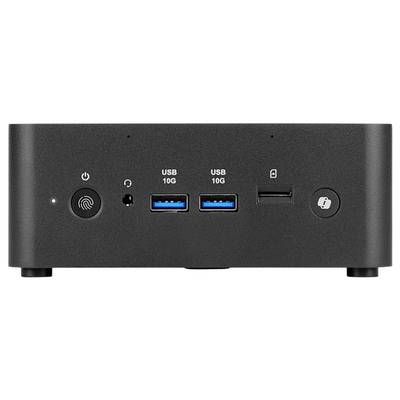 Eine Frontansicht eines Computergeräts mit einem Fingerabdrucksensor, Einschaltknopf, zwei USB-10G-Anschlüssen, einem Audioeingang und einem Kartensteckplatz.