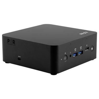 Ein schwarzer Mini-Desktop-Computer mit verschiedenen USB-Anschlüssen und Powerknopf an der Vorderseite. Firmenlogo auf der Oberseite sichtbar.