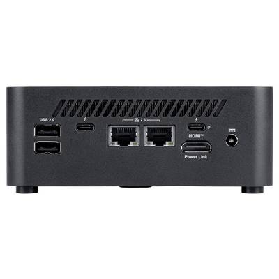 Rückansicht eines schwarzen elektronischen Geräts mit verschiedenen Anschlüssen: zwei USB 2.0, zwei USB-C, zwei Ethernet, HDMI und Stromanschluss.