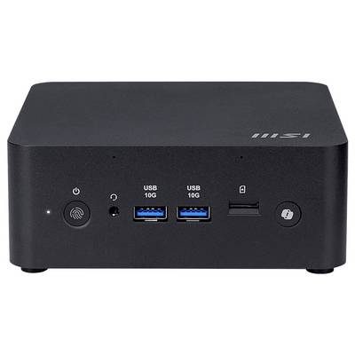 Ein rechteckiger schwarzer Mini-PC mit mehreren Anschlüssen, einschließlich USB und Kopfhörerbuchse, sowie einem Einschaltknopf auf dem Frontpanel.