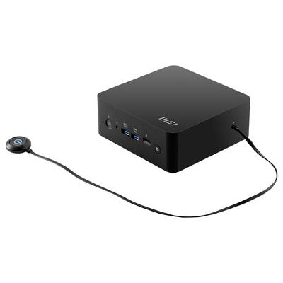 „Eine schwarze rechteckige Computer-Dockingstation mit MSI-Logo, die mehrere USB-Anschlüsse, einen Einschaltknopf und ein angeschlossenes kreisförmiges Gerät aufweist."