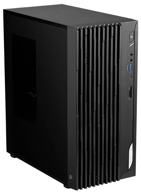 Ein schwarzer Desktop-Computerturm mit vorderen Bedienfelltasten und USB-Anschlüssen, ausgestattet mit einem charakteristischen vertikalen Lüftungsdesign für optimale Luftzirkulation.