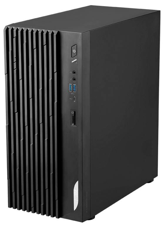 Ein schwarzer Desktop-Computerturm mit belüfteter Frontblende, USB-Anschlüssen, Ein/Aus-Schalter und elegantem Design steht aufrecht.