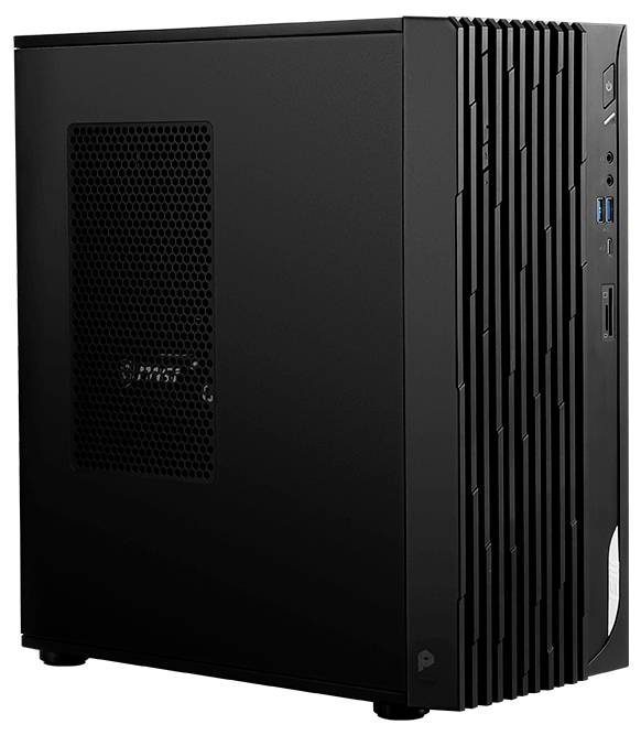 Ein schwarzer Computertower mit Lüftungsöffnung an der Seite und mehreren USB-Anschlüssen und Tasten an der Frontplatte.