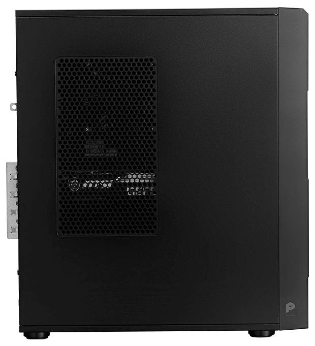 Ein schwarzes Desktop-Computergehäuse mit einem Mesh-Seitenpanel, das die internen Komponenten sichtbar macht.