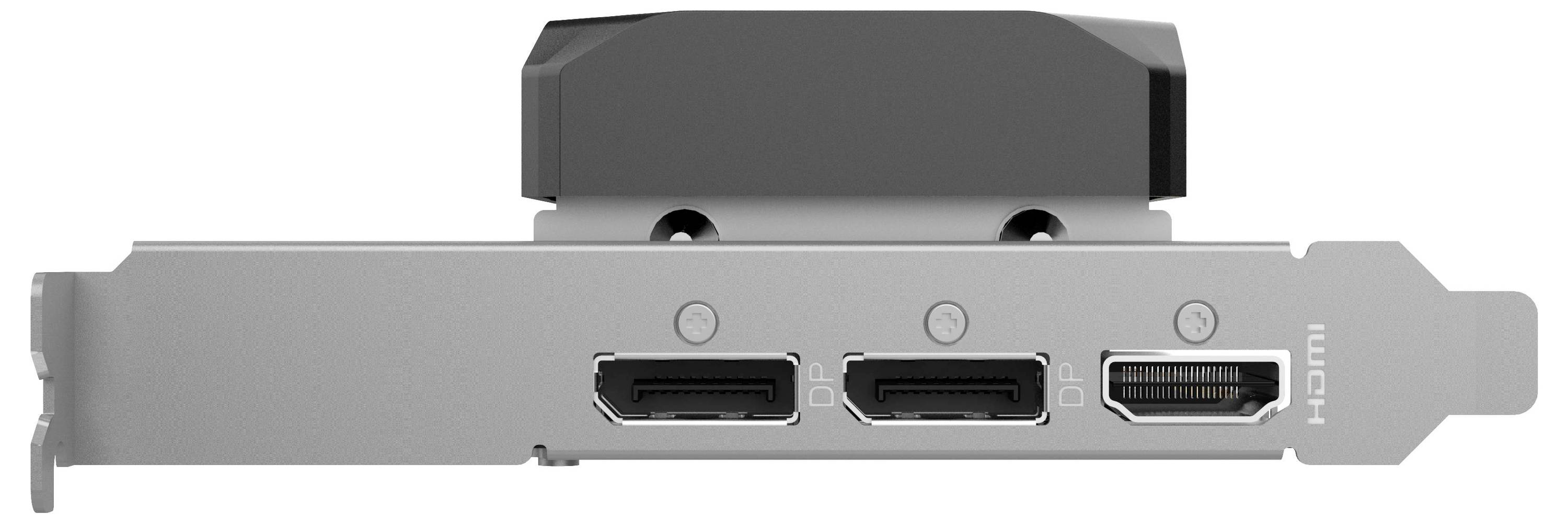 Eine Grafikkarte mit drei Anschlüssen: zwei DisplayPorts und einem HDMI-Anschluss, entwickelt zum Anschluss von Monitoren oder Displays.