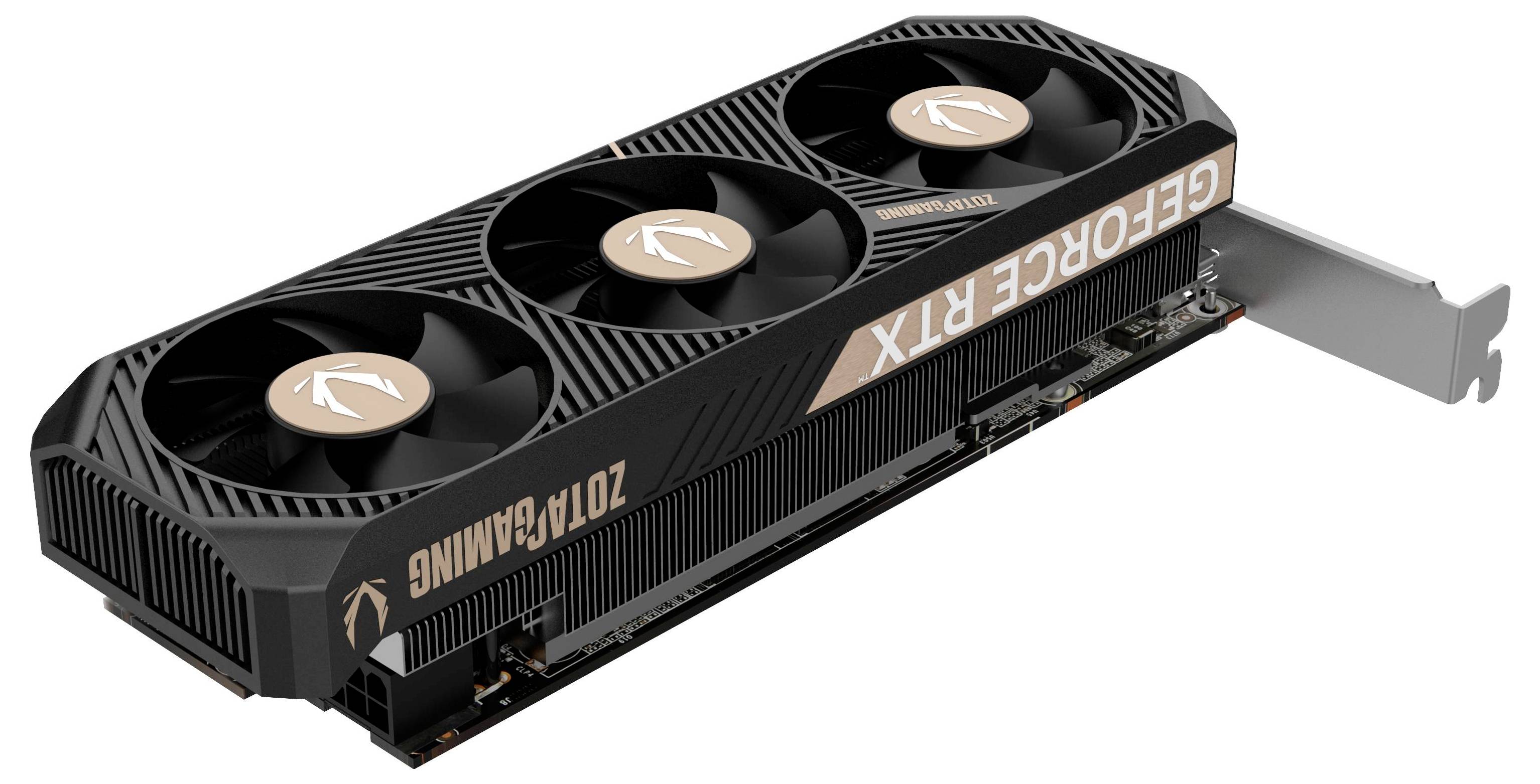 Eine Grafikkarte mit drei Kühlventilatoren, beschriftet mit 'ZOTAC GAMING GEFORCE RTX'.