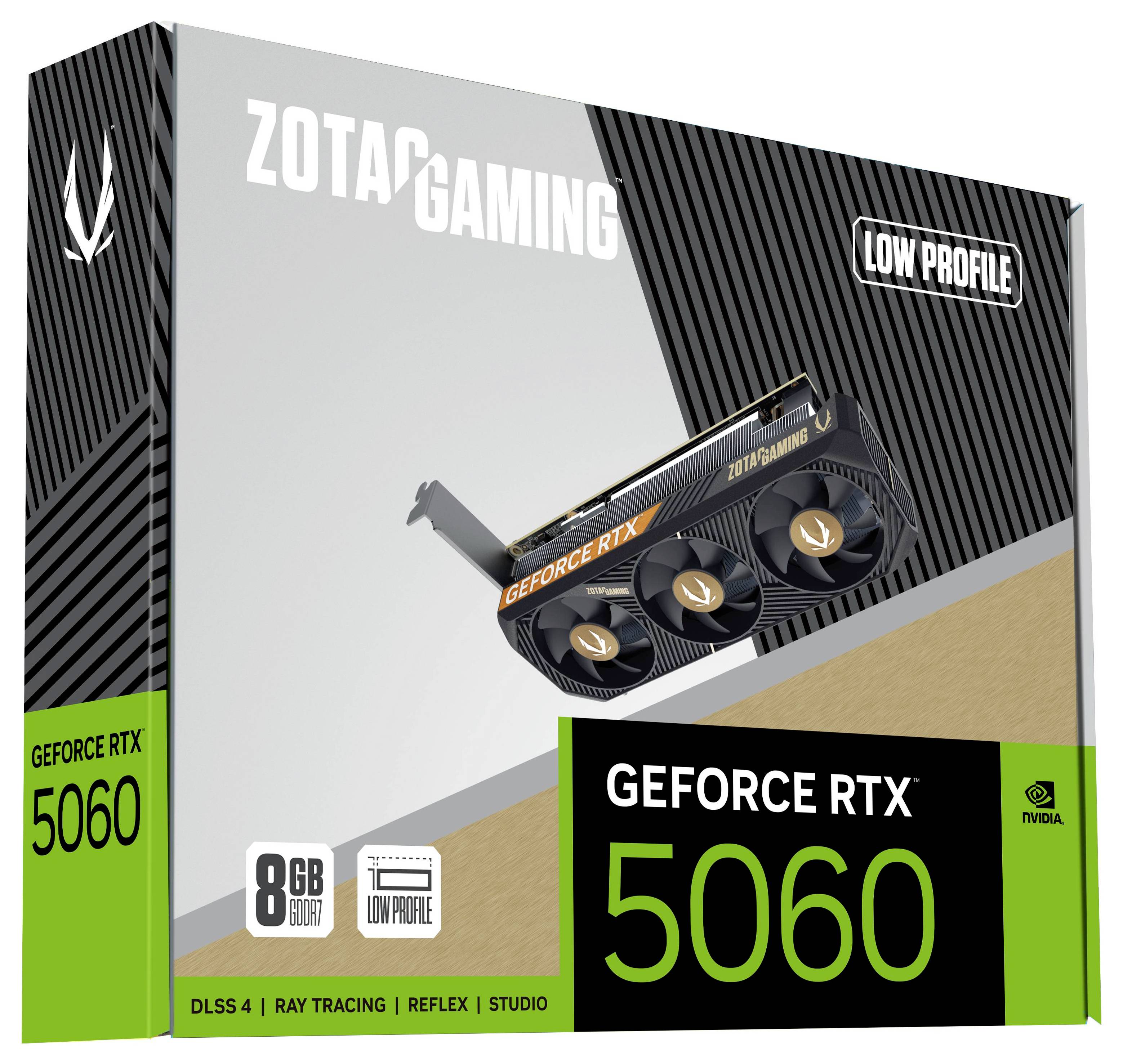 'ZOTAC GAMING GeForce RTX 5060' Grafikkarte Verpackung. Merkmale umfassen '8GB GDDR7', 'DLSS 4', 'Ray Tracing', 'REFLEX', 'Studio'.