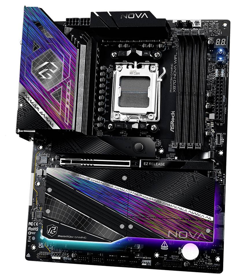 ASRock B650E NOVA WiFi Mainboard mit RGB-Beleuchtung, verschiedene Komponenten wie RAM-Steckplätze, CPU-Sockel und Kühlkörper darstellend.