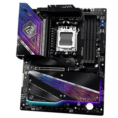 ASRock B650E NOVA WiFi Mainboard mit RGB-Beleuchtung, verschiedene Komponenten wie RAM-Steckplätze, CPU-Sockel und Kühlkörper darstellend.