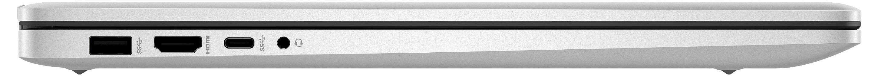 Ein silberner Laptop aus der Seitenansicht mit mehreren Anschlüssen: USB, HDMI und Kopfhörerbuchse.
