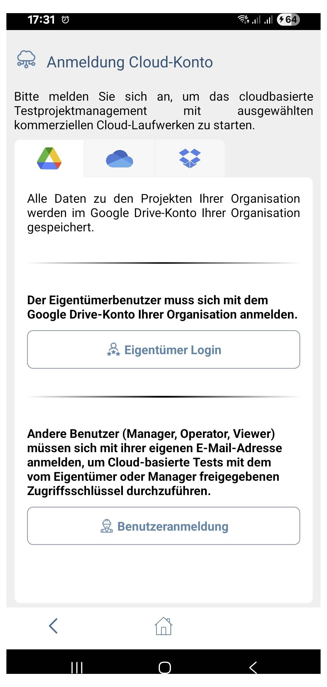 Cloud-Konto-Registrierungsbildschirm mit den Optionen: 'Eigentümer Login' für Kontoinhaber, 'Benutzeranmeldung' für Benutzer.