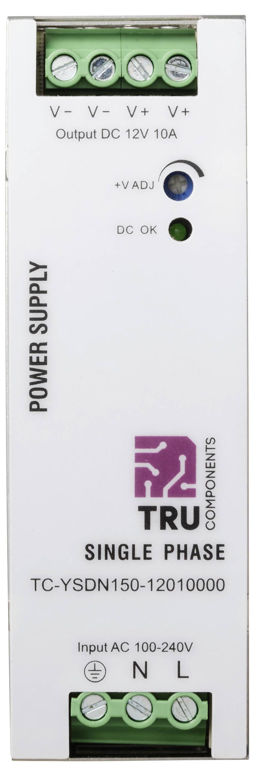 Eine weiße Stromversorgungseinheit mit der Bezeichnung 'TRU Components Einphasig', mit Eingangsspannung AC 100-240V und Ausgangsspannung DC 12V 10A, ausgestattet mit Anschlussklemmen.